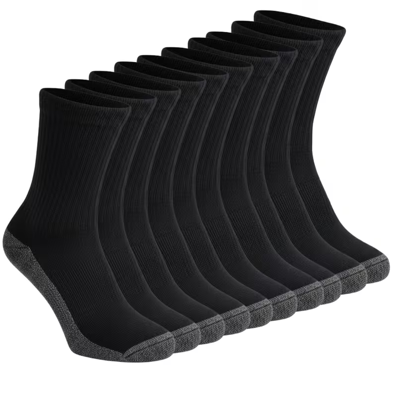 10 Pairs Men’s Work Socks – Heavy Duty Black Crew Socks with Cushioned Sole | Thick, Warm & Breathable | Anti-Odor, Sweat-Wicking & Elastic Fit | Contrast Heel & Toe | All-Season Durable Socks, Size EU 39-45