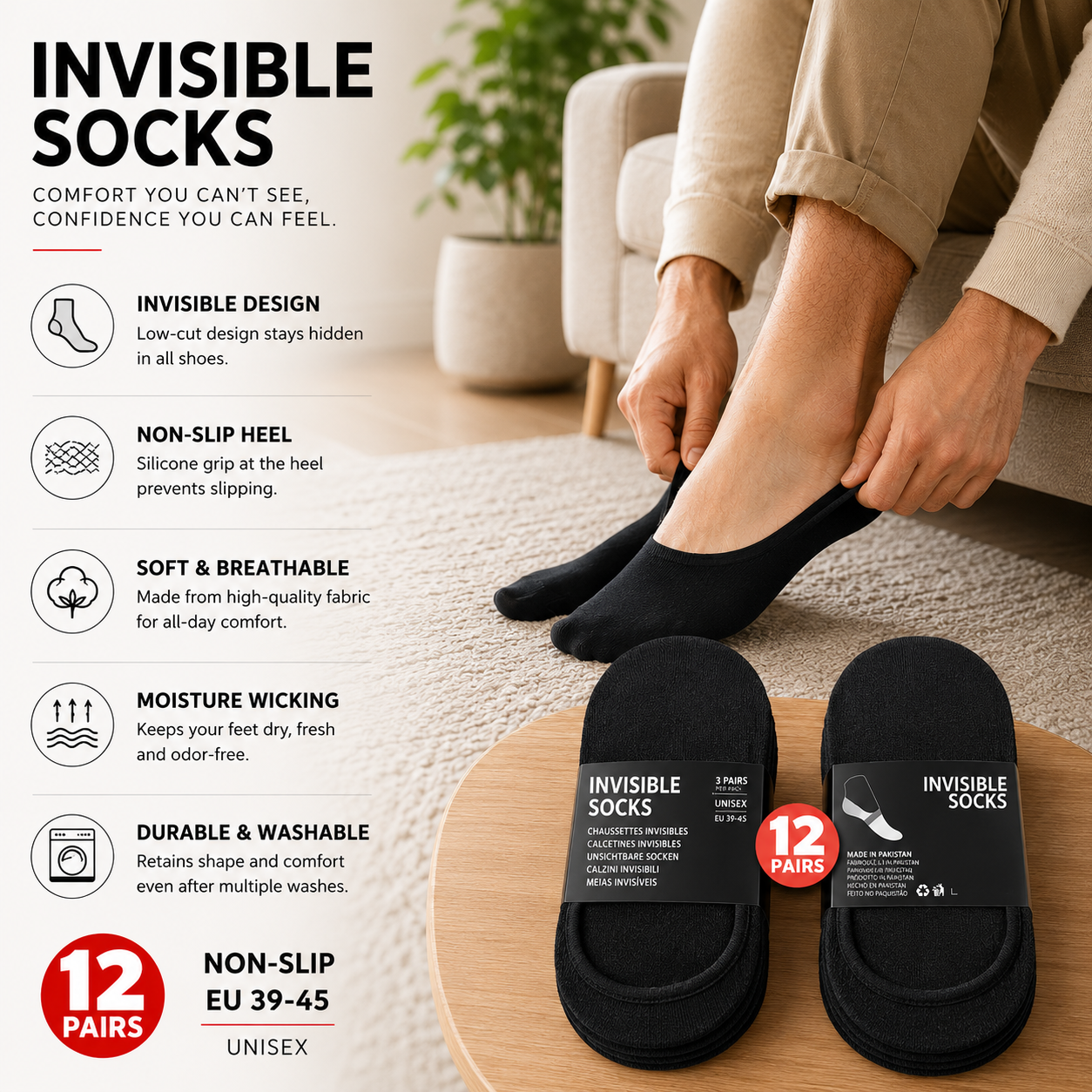 Invisible Cotton Trainer Socks - 12 Pairs Unisex Non-Slip Gym & Sports Socks - SIGMA FAUSTOSO UNIPESSOAL,LDA