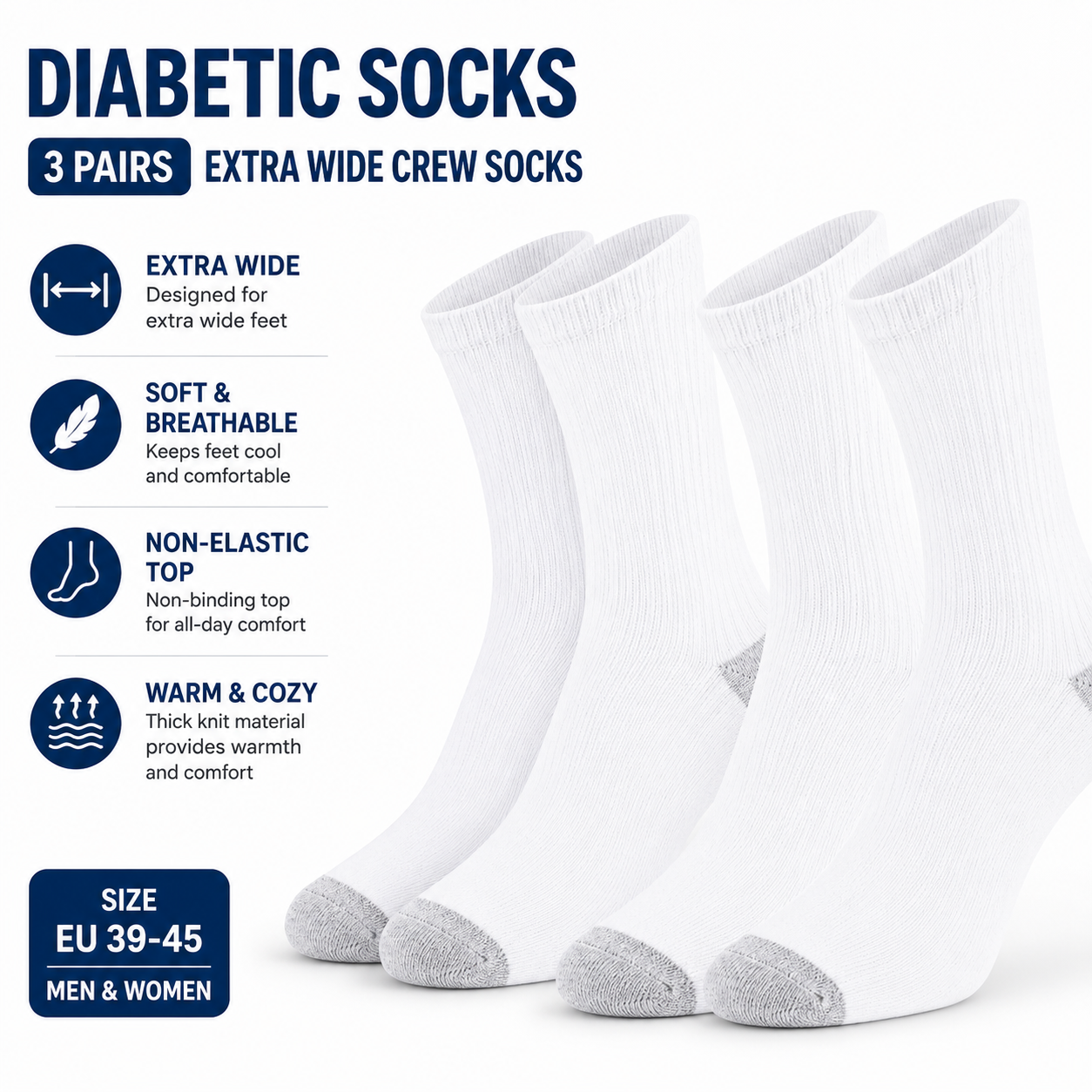 Diabetic Socks for Sensitive Feet - 3 Pairs of Cozy Non-Elastic Crew Socks for All-Day Comfort - SIGMA FAUSTOSO UNIPESSOAL,LDA