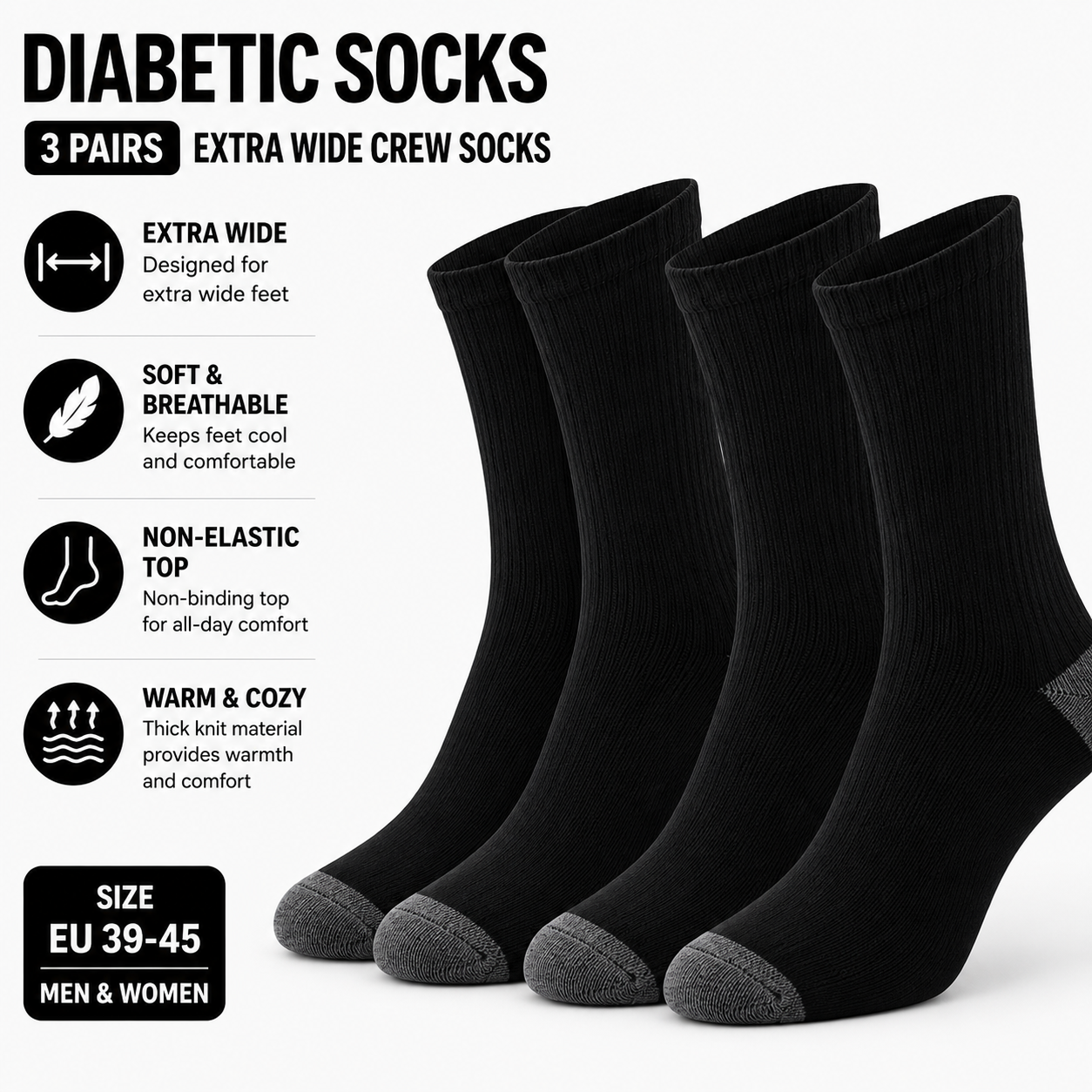 Diabetic Socks for Sensitive Feet - 3 Pairs of Cozy Non-Elastic Crew Socks for All-Day Comfort - SIGMA FAUSTOSO UNIPESSOAL,LDA