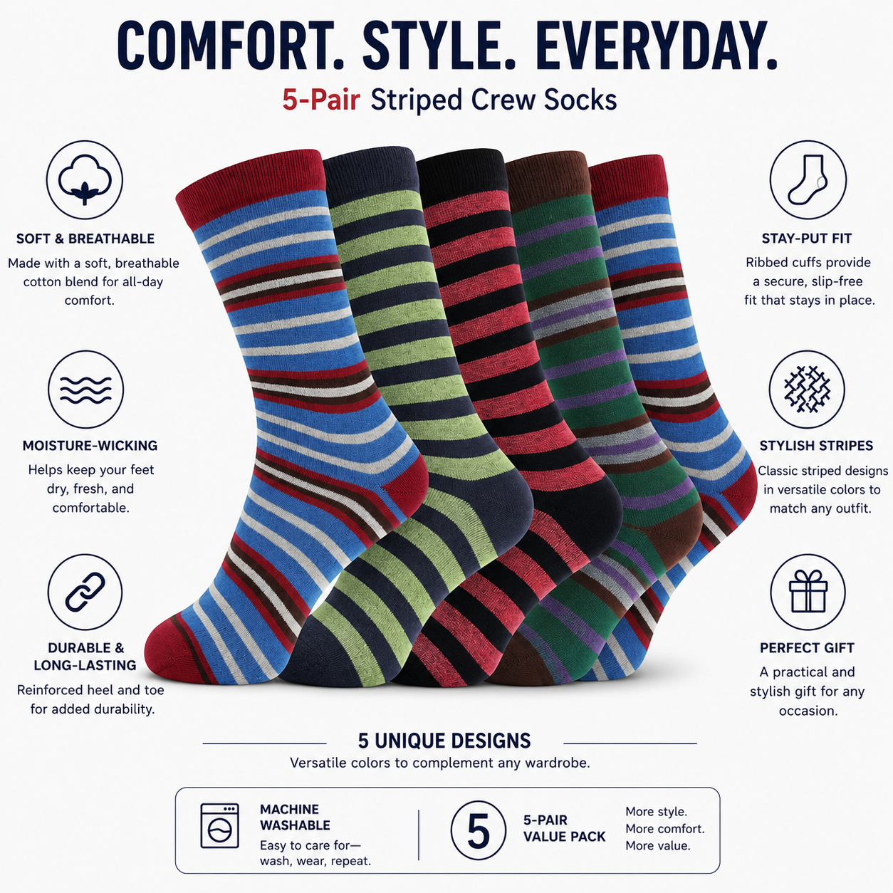 Men's Dress Socks: 5 Pairs of Stylish, Comfortable, and Versatile Cotton Socks - SIGMA FAUSTOSO UNIPESSOAL,LDA