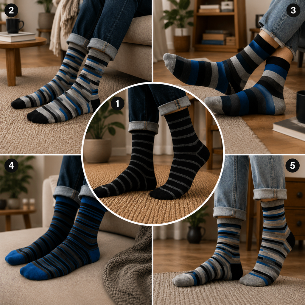 Men's Dress Socks: 5 Pairs of Stylish Multi-Striped Crew Socks for Comfort and Versatility - SIGMA FAUSTOSO UNIPESSOAL,LDA