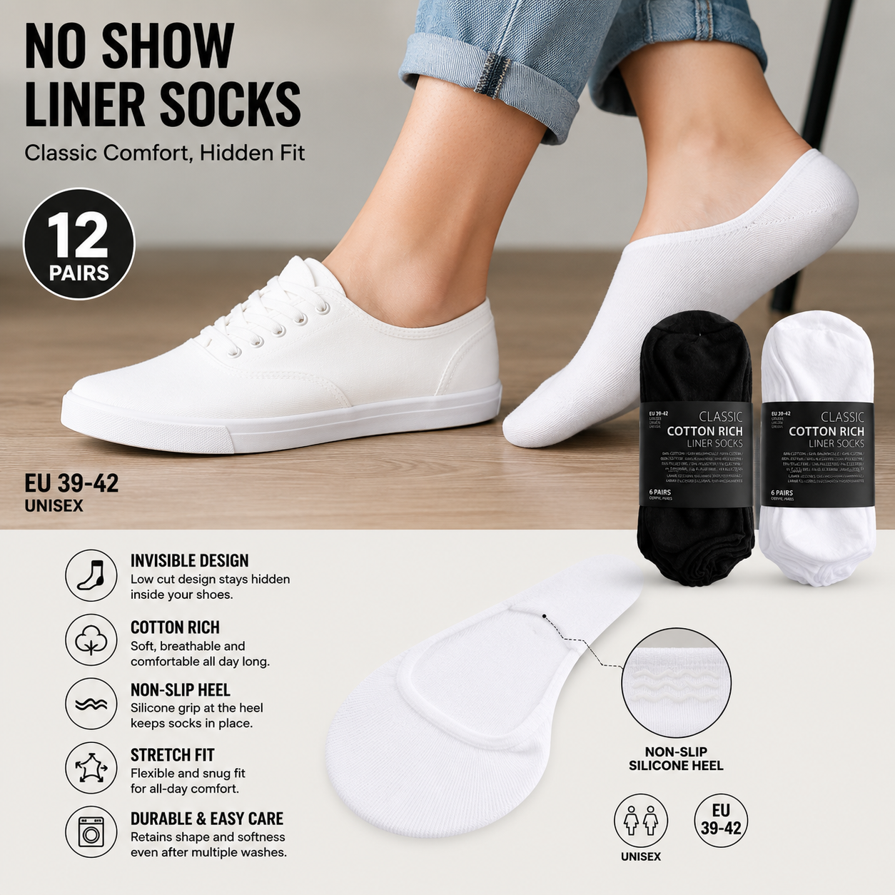 No Show Liner Socks for Men and Women – 12 Pairs of Lightweight Non-Slip Comfort - SIGMA FAUSTOSO UNIPESSOAL,LDA