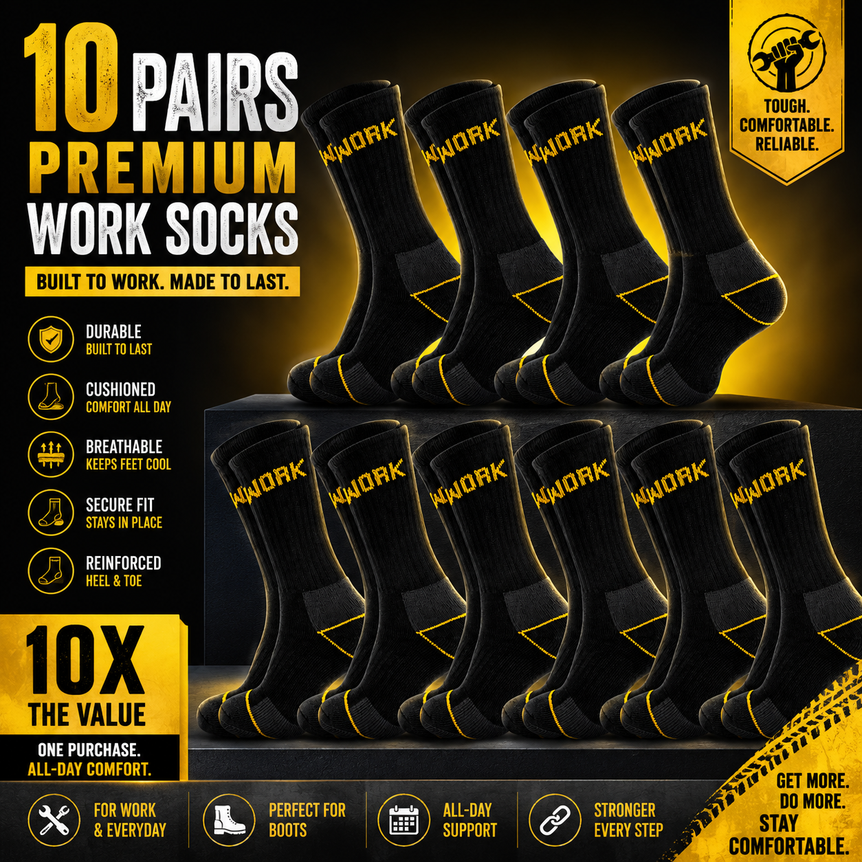 Men's Heavy Duty Work Socks - 10 Pairs of Thick Cushioned, Moisture-Wicking Crew Socks for Ultimate Comfort - SIGMA FAUSTOSO UNIPESSOAL,LDA